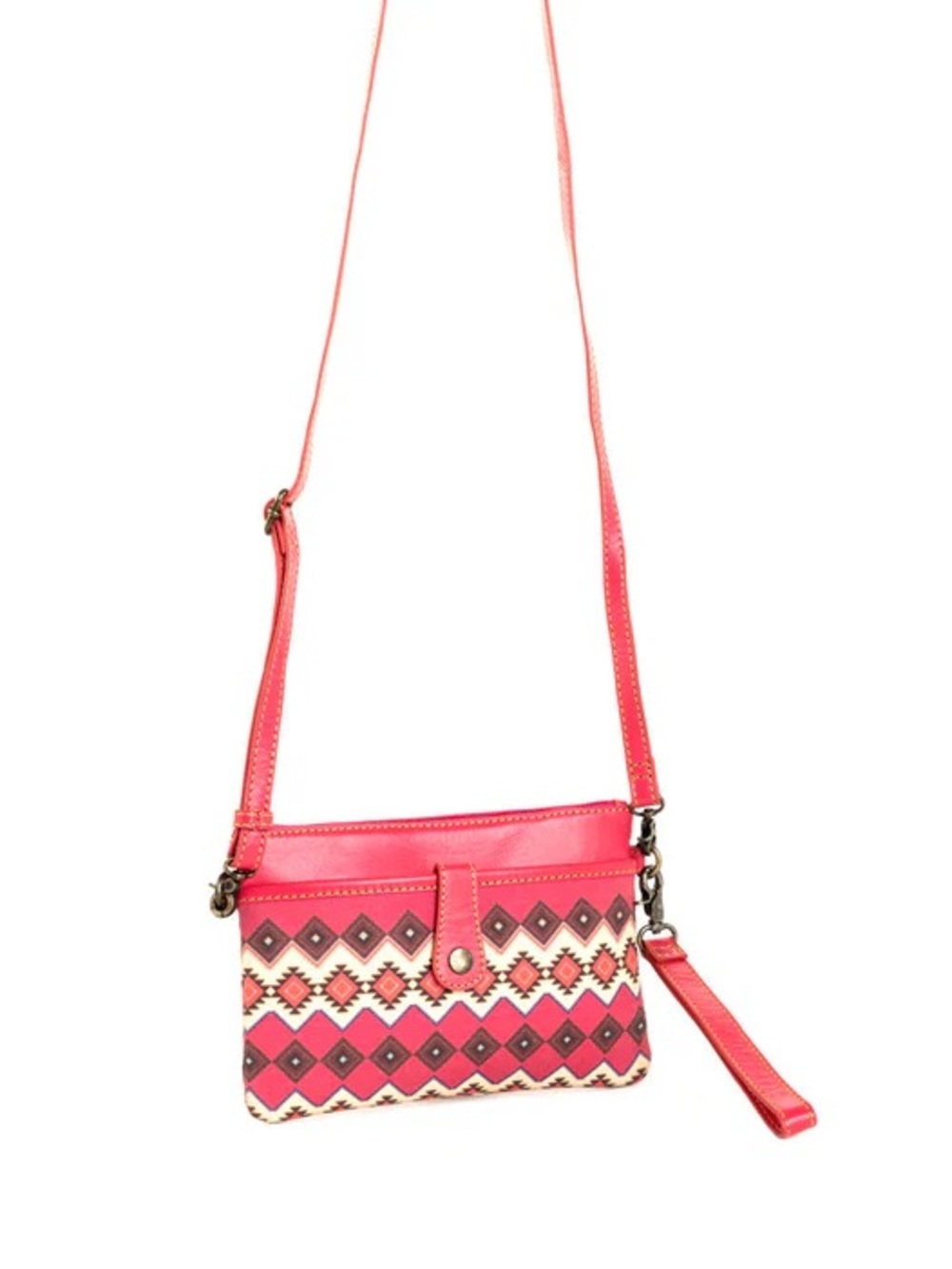 Western Pink Geo-Pattern Crossbody Wristlet Canvas and Leather